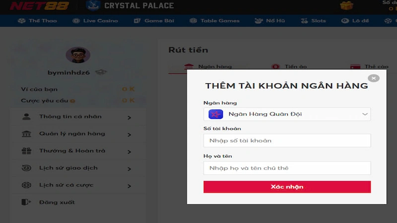 Hệ thống nạp rút rõ ràng của nhà cái Net88